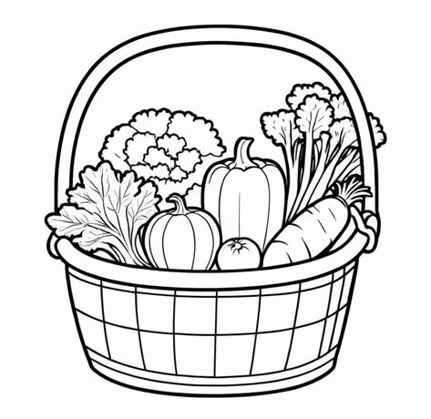 Vegetable Basket Drawing, Vegetables Drawing For Kids, Vegetables Coloring Pages, Vegetable Drawing, Vegetable Coloring Pages, Fruit Crafts, Craft Work For Kids, Basket Drawing, Vegetable Plate