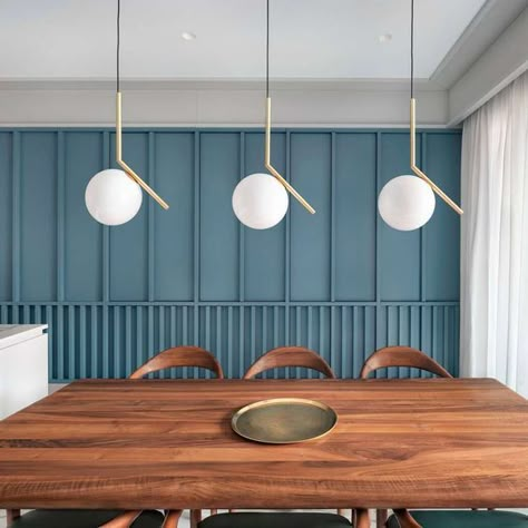 blue painted geometric wood accent wall, modern globe and brass pendant lights // fort & field Wall Panel Design, Wood Accent Wall, Panel Moulding, Wall Panelling, Slat Wall, Accent Lighting, Wall Cladding, Wood Slats, Furniture Inspiration