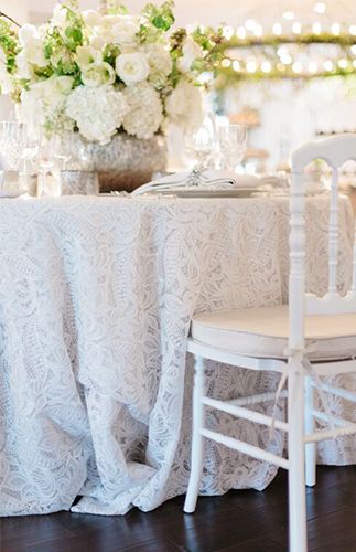 16 All White Wedding Ideas Bridesmaids Luncheon, Wedding Candles Table, Table Cloth Decorations, Wedding Table Linens, Wedding Tablecloths, All White Wedding, White Weddings, Reception Chair, Lace Table