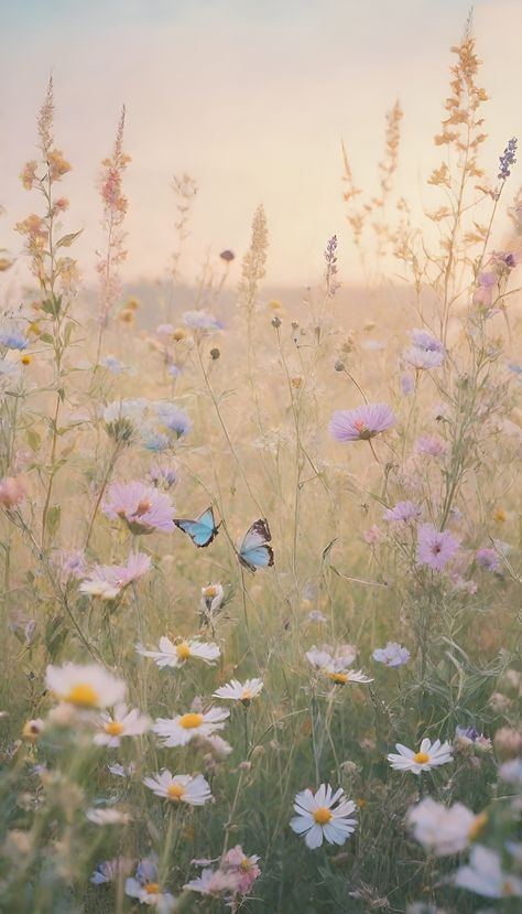 Pastel color painting of flowers, a serene meadow with wildflowers in soft pastel hues, butterflies fluttering around, inspired by countryside landscapes and vintage botanical prints. Beautiful Floral Background, Pastel Nature Aesthetic, Muted Pastel Aesthetic, Vintage Background Landscape, Soft Floral Aesthetic, Pastel Flowers Aesthetic, Pastel Floral Aesthetic, Butterfly Flower Aesthetic, Vintage Pastel Aesthetic