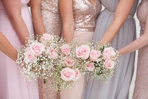 Pink Rose and Baby’s Breath Bridesmaid Bouquets White Carnation Bouquet, Entourage Flowers, Braidsmaid Dress, Rustic Pink Wedding, Rose Bridesmaid Bouquet, Pink Peonies Bouquet, Bridesmaid Bouquet White, Purple Bouquets, Bridesmaid Corsage