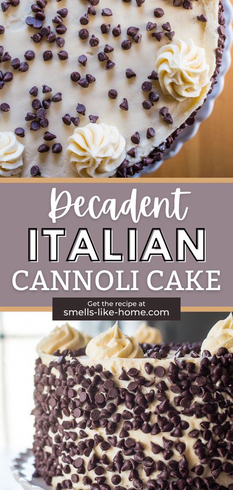 This indulgent Italian Cannoli Cake recipe is a must-try for any cake lover! Layers of rich rum-soaked yellow butter cake are sandwiched with homemade cannoli filling and topped with creamy vanilla buttercream frosting. To top it off, it's loaded with mini chocolate chips that will satisfy any sweet tooth. This showstopper of a cake will be the new star of your dessert table! Carabbas Cannoli Cake Recipe, Best Flavored Cakes, Carrabas Cannoli Cake Recipe, Casada Cake Italian, Canolli Cake Recipe, Cannoli Buttercream Frosting, Homemade Cake Filling, Canolli Cake Recipes, Chocolate Chip Cannoli Cake