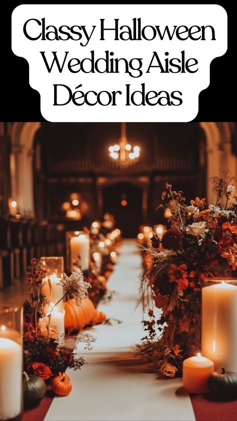 A candlelit wedding aisle with autumn flowers and elegant Halloween-inspired décor, creating a spooky yet stylish atmosphere for a budget-friendly celebration.