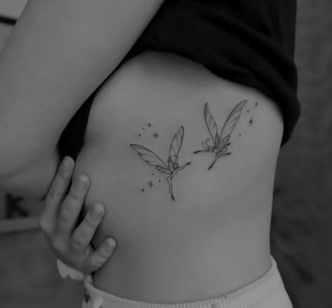 Line Art Fairy Tattoo, Many Tattoos On Arm, Fairy Tattoo Ribs, Fairy Floral Tattoo, Fairy Rib Tattoo, Dainty Fairy Tattoo, Fairies Tattoo, Pixie Tattoo, Feminine Shoulder Tattoos