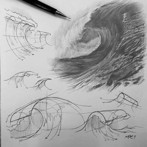 Waves Sketch, Wave Tutorial, Wave Drawing, Structural Drawing, Tutorial Drawing, Concept Art Tutorial, Seni Dan Kraf, Some Drawings, Water Drawing