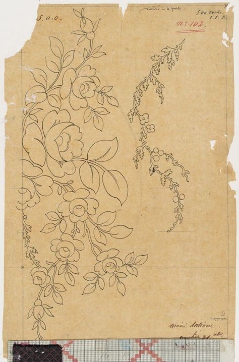 Textile Design | J. D. Cornuaud | V&A Explore The Collections Vintage Textiles Patterns, Embroidery Flower Design, Vintage Motifs, Line Embroidery, Floral Line Art, Floral Textile, Tambour Embroidery, Roses Pattern, Rose Motif