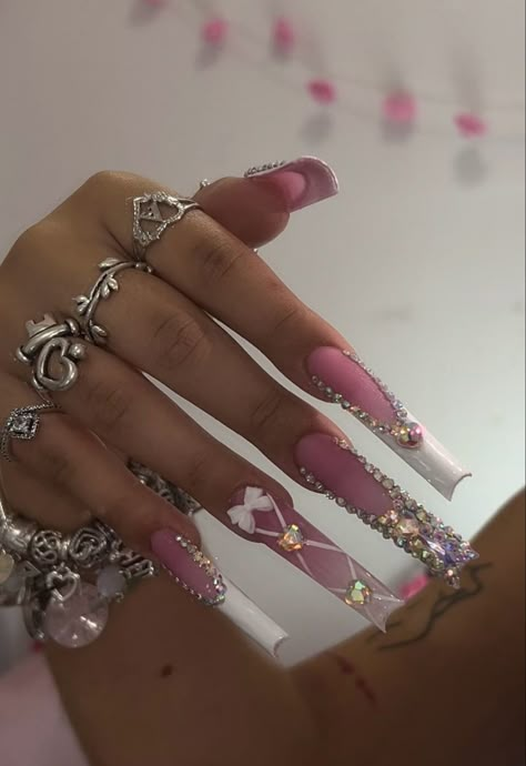 Pink Bling Nails, Bedazzled Nails, Nail Designs Bling, Designer Nails, Punk Nails, Girly Acrylic, Drip Nails, Fancy Nails Designs, Claw Nails