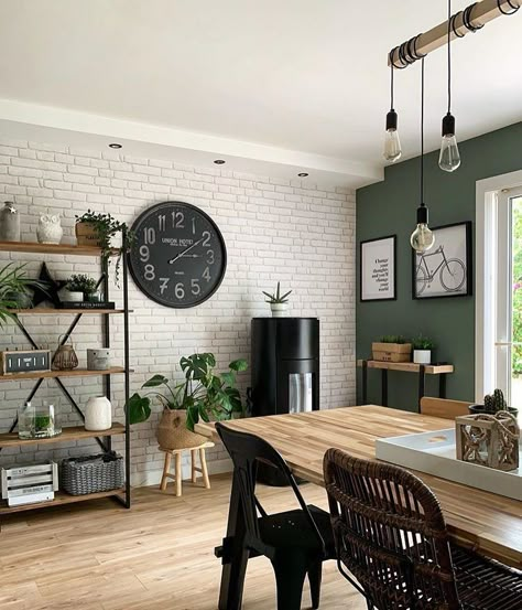 Nordic Home Decor on Instagram: “Great combination of greens, wood, black and white! Love it 🖤 . Credits: @maryline._ . Follow us for more decor content! . 👉…” Dark Wood Living Room, White House Interior, Green Apartment, Black Interior Design, Wood Interior Design, Deco Studio, Black Living Room, Black Dining Room, Green Home Decor