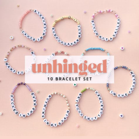 Don't be the only person without friendship bracelets at the Eras Tour! Whether you're buying them to keep or trade, these bracelets were made by hand by a fellow Swiftie. These bracelets are made with stretchy elastic, so no need to worry about annoying clasps. This Unhinged set is inspired by her most relatable, self deprecating, and self aware lyrics. Each bead was meticulously picked out to create the most authentic Unhinged set.  Clean versions are also available! 1 set contains 10 bracelet Atwtmvtvftvsgavralps Bracelet, Funny Words For Bracelets, Taylor Swift Lyrics Friendship Bracelet, Easy Eras Tour Bracelets, Eras Tour Bracelets Midnights, Taylor Swift Lyrics Bracelets, Eras Bracelet Ideas Funny, Unhinged Friendship Bracelets, Funny Beaded Bracelets Words