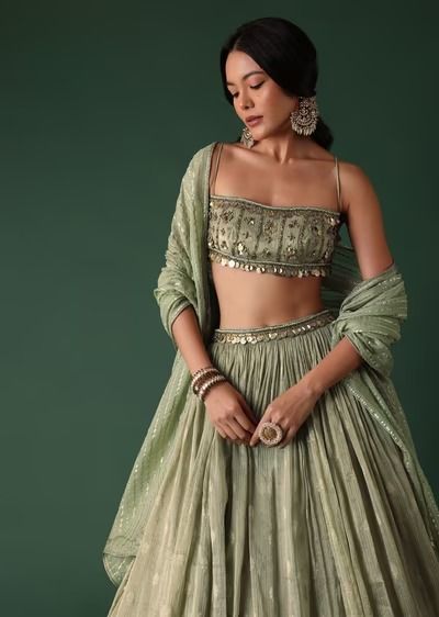 Pale Olive Green Printed Lehenga And Blouse Set In Banarasi Silk Lehenga And Blouse, Printed Lehenga, Simple Lehenga, Indian Outfits Lehenga, Kalki Fashion, Lehenga Designs Simple, Green Lehenga, Traditional Indian Dress, Indian Look