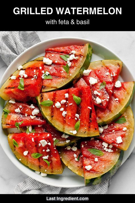 Topped with crumbled feta and fresh herbs, this grilled watermelon is smoky and sweet. If you’ve never grilled watermelon before, it’s a simple way to caramelize it and add flavor along with those all-important grill marks. Then enjoy it as an appetizer, salad or side that's perfect for summer barbecues. Garlic French Fries, Vegetarian Appetizer Recipes, Vegetarian Grilling Recipes, Vegetarian Side Dish Recipes, Sheet Pan Nachos, Pan Nachos, Butternut Squash Sweet, Corn Zucchini, Watermelon Recipe