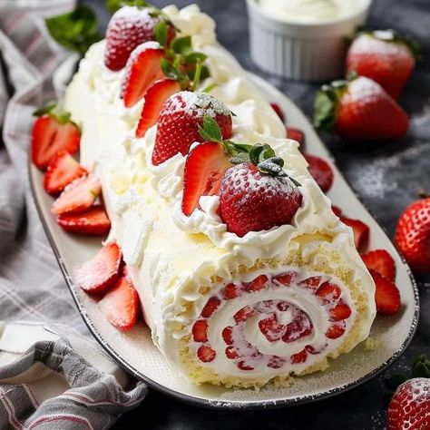 Jamie Oliver Food | Easy Strawberry Cake Roll | Facebook Strawberry Log Cake, Strawberry Shortcake Roll Cake, Variety Cheesecake, Strawberry Gateau, Strawberry Cake Roll, Easy Strawberry Cake, Strawberry Roll Cake, Yule Logs, Strawberry Stuff