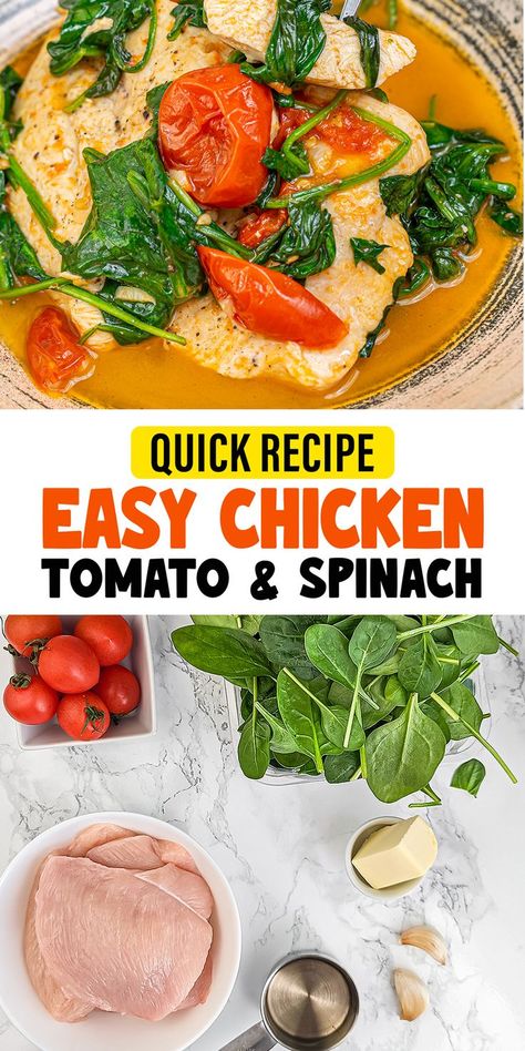 Embrace the harmony of flavors with this quick Tomato Spinach White Wine Chicken recipe. In just 30 minutes, you can enjoy chicken breast cooked in a buttery white wine sauce, enriched with the addition of fresh tomatoes and spinach. A perfect meal for when you crave something delicious yet easy. Chicken Spinach Tomato Recipe, Chicken With Spinach And Tomatoes, Cheesy Spinach Chicken, Chicken In White Wine, Spinach Stuffed Chicken Breast, Garlic White Wine Sauce, Stuffed Chicken Recipe, White Wine Chicken, Wine Chicken