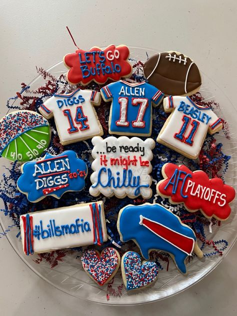 Buffalo Bills, Bills Mafia, Royal Icing Buffalo Bills Cookies Decorated, Buffalo Bills Party Ideas, Buffalo Bills Birthday Party, Buffalo Bills Cookies, Buffalo Bills Birthday, Eddie Cookies, Buffalo Bills Party, Buffalo Bills Cake, Specialty Cookies