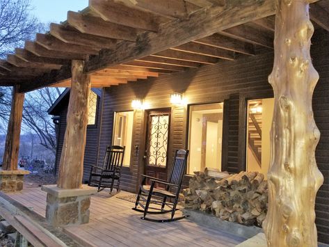 Front porch with cedar tree posts from our cedar forest.  -Our Missouri Bohemian Cabin Raw Cedar Posts Front Porch, Log Porch Posts, Rough Cedar Posts Front Porch, Cedar Posts Front Porch Farmhouse, Cedar Posts Front Porch, Cedar Front Porch, Bohemian Cabin, Small Rustic House, Front Porch Addition