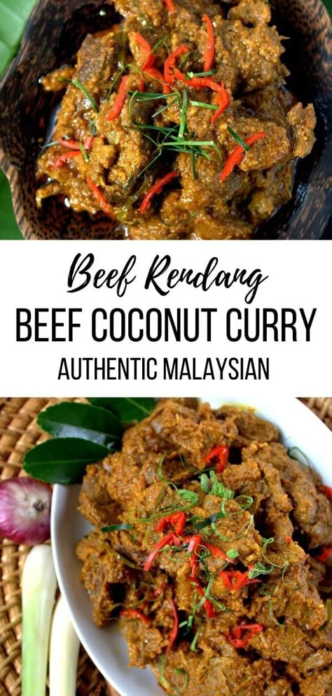 This authentic Malaysian Beef Rendang recipe is a MUST TRY for curry lovers! This boldly spiced Asian Beef Stew with coconut is seriously tasty and can be made in a slow cooker or Instant Pot!   #instantpot #slowcookerrecipes #curry #beef Malaysian Beef Curry, Rendang Beef Recipe, Malaysian Beef Rendang, Malaysian Curry Recipe, Burmese Beef Curry Recipe, Asian Beef Stew, Curry Ideas, Rendang Recipe, Beef Rendang Recipe