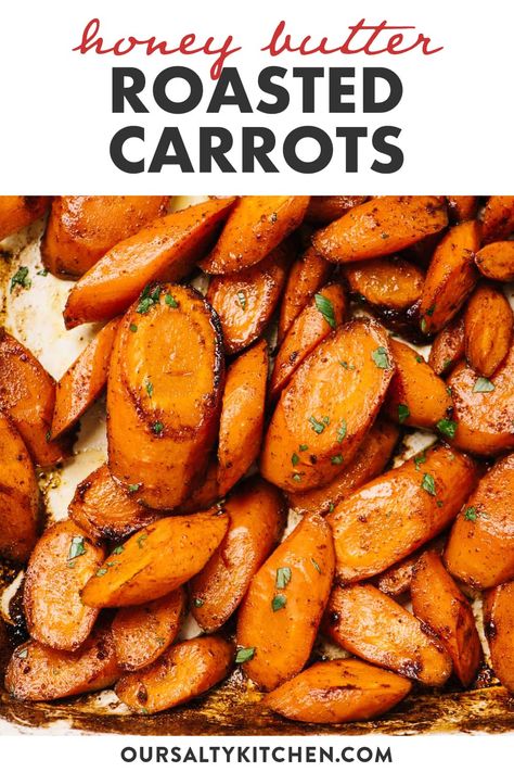 Honey roasted carrots are sweet, tender, and a definite crowd pleaser. This easy oven roasting method yields incredibly tender bites and perfectly caramelized edges. Simply toss sliced carrots with butter, honey, spices in a casserole dish and roast at high heat until tender and golden brown. This side dish is so satisfying that you might never make cooked carrots any other way again!  It's a perfectly impressive side dish for Thanksgiving dinner. #roastedcarrots #carrotrecipe #... How To Cook Carrots, How To Cut Carrots, Butter Roasted Carrots, Cook Carrots, Carrots In Oven, Bone Broth Recipes, Oven Roasted Carrots, Honey Carrots, Sliced Carrots