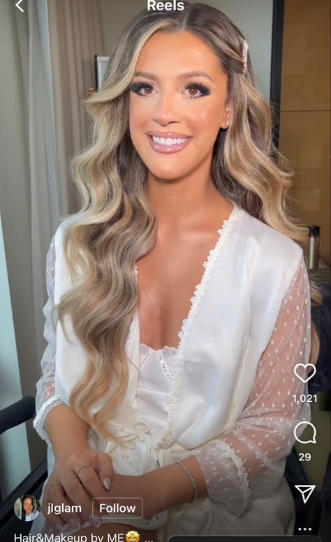 Formal Hairstyle Long Hair, Wedding Hair Down Hollywood Curls, Wedding Hair Down With Clip, Bridal Hair Down With Clip, Hair Down One Side Pinned Back, Hollywood Waves With Pearls In Hair, Blonde Formal Hair, Wedding Hair Off Shoulder Dress, Wedding Hair Down One Side Pulled Back