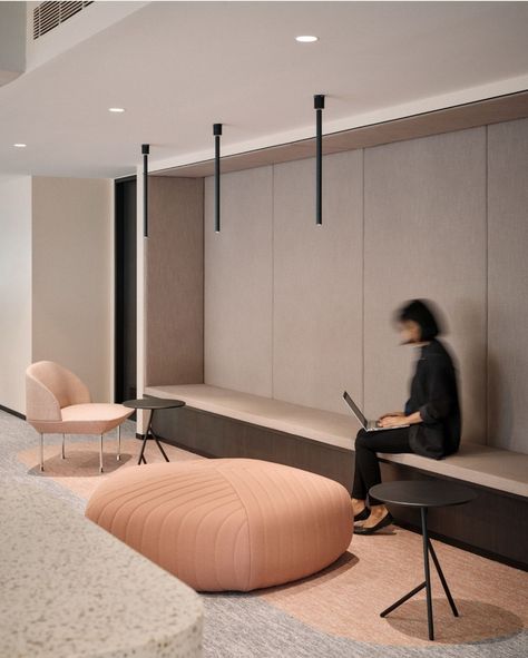 Japandi Office Design, Office Collaboration Space, Japandi Office, Office Bench, Collaboration Area, Innovation Hub, Commercial Office Design, Office Design Inspiration, Office Idea