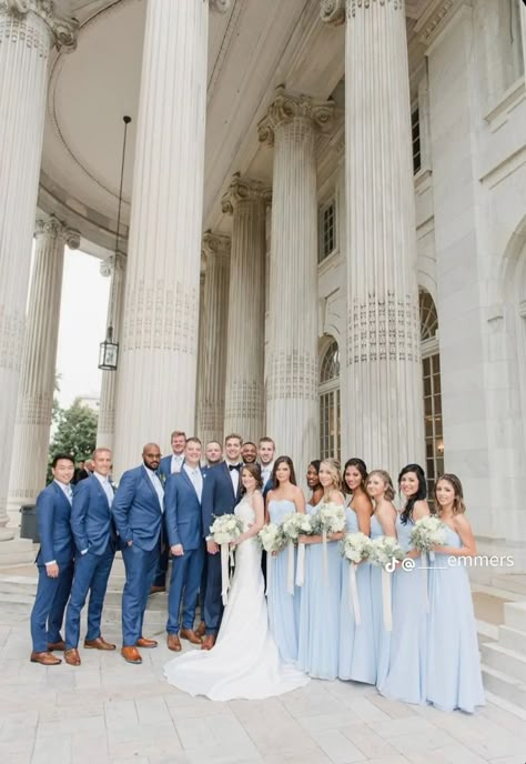 Light Blue And Gold Bridesmaid Dresses, Bridesmaid Sky Blue Dresses, Powdered Blue Bridesmaid Dress, Satin Blue Wedding Theme, Light Blue Groom Suit Bridesmaid Dresses, Navy Suit Light Blue Bridesmaids, Blue Wedding Set Up, Sky Blue Bridesmaids And Groomsmen, Blue On Blue Wedding