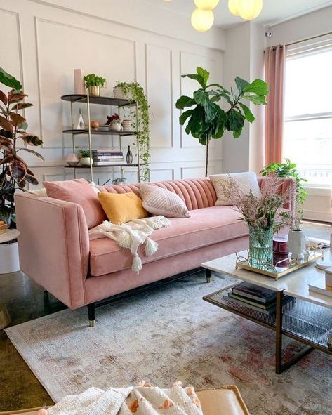 Pink Couch Boho Living Room, Blush Sectional Living Rooms, Velvet Pink Couch Living Room Ideas, Pink Couch Office Ideas, Pink Couch Living Room Ideas Bohemian, Rose Couch Living Room, Pink Velvet Couch Living Room, Blush Couch Living Room Decor, Blush Couch Living Room