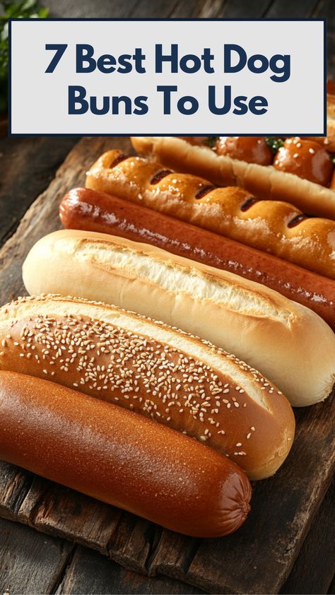 A selection of hot dog buns, including soft brioche and classic sesame, placed beside grilled hot dogs, showcasing the variety of bun textures and flavors perfect for any BBQ or gathering. Toasted Hot Dog Buns, Fried Hot Dogs, Perfect Bun, Grilled Sausage, Street Foods, Backyard Bbq, Dog Bun, Hot Dog Buns, How To Make Your