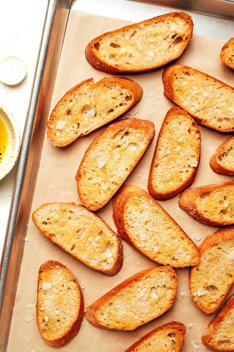 Homemade Crostini (Plus Topping Ideas!) | Gimme Some Oven Greek Salads, Crispy Zucchini, Vintage Pyrex Dishes, Pyrex Dishes, Crostini Recipes, Baked Dessert, Bean Tacos, Vegan Thanksgiving Recipes, Gimme Some Oven