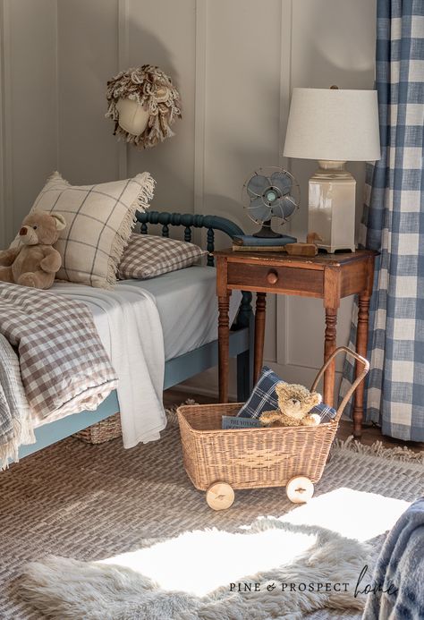 Vintage Boy Nursery Ideas, Vintage Modern Cottage, Cottage Playroom, Thrifted Nursery, English Country Cottage Interiors, Vintage Toddler Rooms, Earthy Nursery, Vintage Boys Bedrooms, Vintage Boys Room