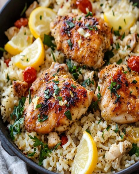 Try this delicious Greek Chicken and Lemon Rice recipe! A healthy, gluten-free, one-pot dinner ready in just 30 minutes Greek Chicken With Lemon Rice And Feta, Greek Chicken And Lemon Rice One Pot, Greek Chicken And Rice Bake, One Pot Greek Chicken And Rice, Greek Chicken And Lemon Rice, Greek Lemon Chicken And Rice, One Pot Mediterranean, Greek Chicken And Rice, Greek Dinner Recipes