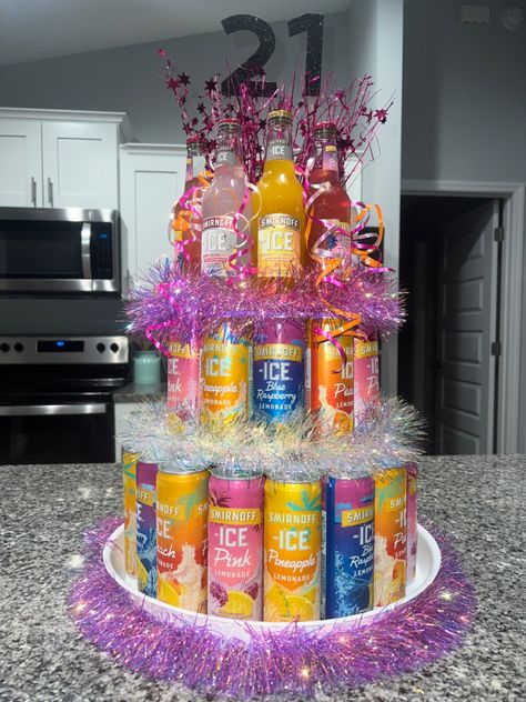 21 Diy Birthday Gift, Beer Bday Cake, 21dt Birthday Cake Ideas, 21 Bday Decorations Ideas, Seltzer Cake Tower, 21st Birthday Alcohol Ideas, 30th Destination Birthday, 21 Drinks For 21st Birthday, Fun Drinks For 21st Birthday