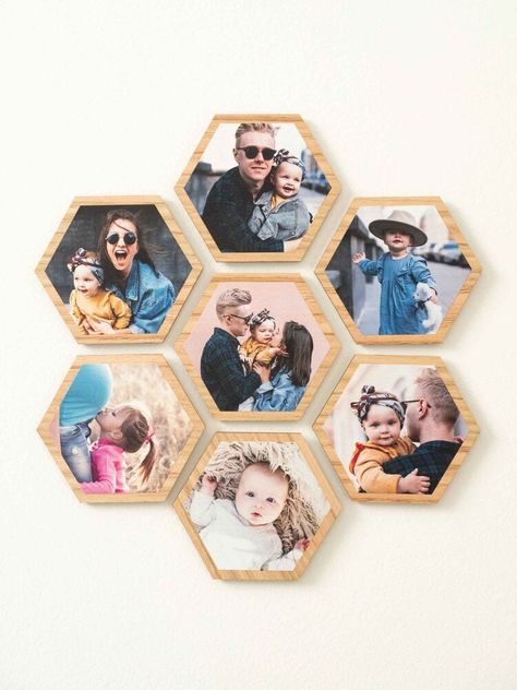 his beautiful Wooden Photo Hexagon Wall Art Display provides a unique way to display your favourite pictures. The perfect Christmas gift for the home. The perfect gift for a new home, showcase wedding day photos, new baby images or a collection of travel shots. Mix and match each piece to create different shapes on the wall! We take so many pictures and most stay hidden on our phones or memory cards so the Hexagon Wall Art will help to proudly display your life adventures. The set comes complete Hexagon Wall Art, Hexagon Photo, Photo Frame Crafts, Photo Wall Hanging, Hexagon Wall, Handmade Gifts For Boyfriend, Wall Art Display, Baby Art Projects, Wedding Day Photos