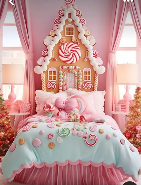 Candy Land Room Decor, Candy House Christmas Decorations, Candy Room Ideas, Gingerbread Bedroom Decor, Candy Bedroom Theme, Gingerbread Bedroom, Kids Bedroom Christmas Decor, Candyland Bedroom, Candy Themed Room