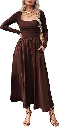 Mieazom Women's Long Sleeve Maxi Dress 2024 Fall Square Neck Knit Casual Slim Swing Tank Long Dresses with Pockets Flowy Long Dress, Knitted Winter Dress, Fall Crewneck, Flowy Dress Long, Long Sleeves Dress, Dresses With Pockets, Long Sleeve Casual Dress, Dress 2024, Womens Crewneck