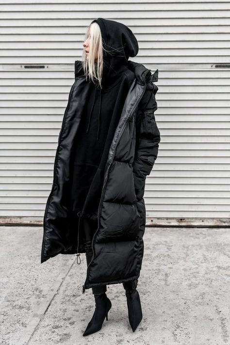 Black & Balenciaga Long Black Puffer Jacket, Black Bubble Coat, Balenciaga Jacket Women, Long Black Puffy Coat, Balenciaga Winter 2022, Black Balenciaga, Long Puffer Coat, Women's Vest, Long Puffer