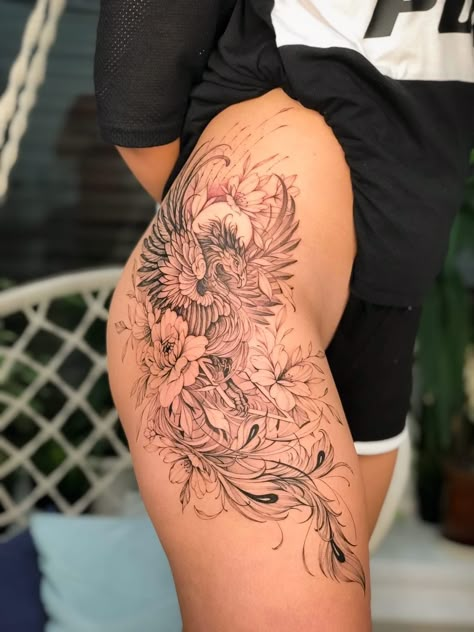 Pheonix Tattoo For Women Thigh Beautiful, Pheonix Tattoo For Women Side Hip, Ornamental Phoenix Tattoo, Rising Phoenix Tattoo Feminine Leg, Phoenix Tattoo Feminine Thigh, Phoenix Tattoo Thigh, Pheonix Tattoo Ideas Female, Phoenix Hip Tattoo, Phoenix Thigh Tattoo