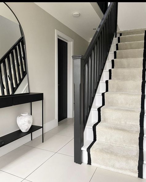 Upstairs Hallway Decorating, Paint For Wood Furniture, Entryway Storage Ideas, Charcoal Grey Paint, Stairs And Hallway Ideas, Hallway Decorating Ideas, Paint For Wood, Black Staircase, House Renovation Design