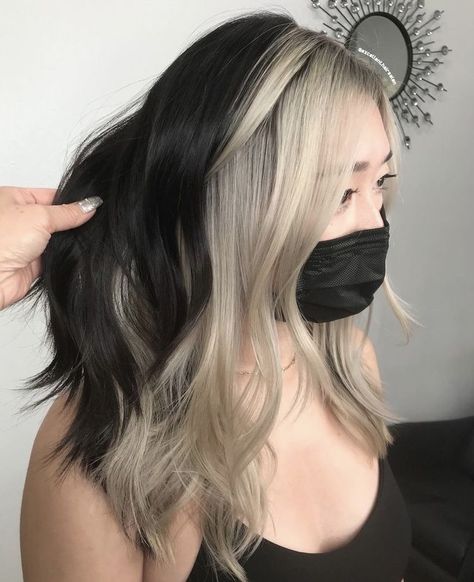 15 Creative Two Toned Hair Color Trends for 2024 Black Blonde Underneath, Black Hair With Grey Front Pieces, Two Toned Hair Underneath, Two Toned Hair Color Ideas, Black And Platinum Hair, Two Toned Hair Color, Blonde To Black Hair, Two Tone Hairstyle, Black Roots Blonde Hair