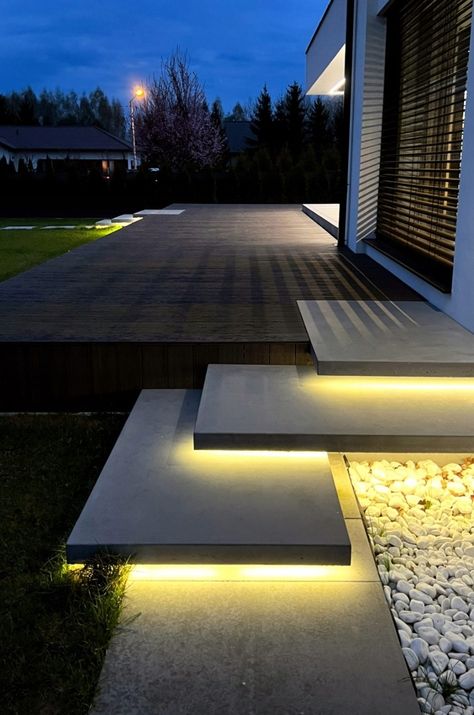 Steps With Lights, Lighted Stairs, Neoclassical Living Room, Floating Steps, Entry Landscaping, Blue Grey Living Room, Outside Steps, Modern Glam Living Room, Cantilever Stairs