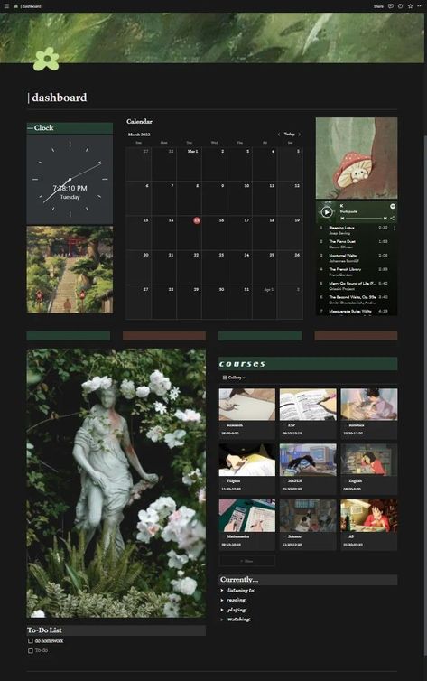 #Organisation #Notion_Academia_Aesthetic #Cottage_Core_Notion_Template #Dark_Green_Notion_Template Dark Green Notion Template, Cottage Core Notion Template, Essay Aesthetic Design, Fairycore Notion Template, Notion Template Dark Mode, Notion Template Ideas Aesthetic Dark, Green Notion Template, Notion Templates For Students, Notion Inspiration