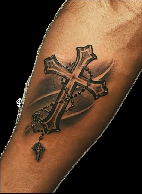 Simple Tats Men, Cross Upper Arm Tattoo, Cross With Thorns Tattoo, Cross Shoulder Tattoo Men, Crucifix Tattoo Men, Back Cross Tattoo For Men, Tattoo Ideas For Men Christian, Men Tattoo Ideas With Meaning, Rosary Wrist Tattoo