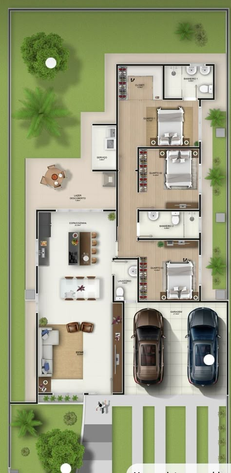 Plan Interior Design, 2d Floor Plan, 3d Floor Plans, Narrow Lot House Plans, 3d Floor Plan, House Plans 3 Bedroom, Courtyard House Plans, Building Plans House, Architectural Floor Plans