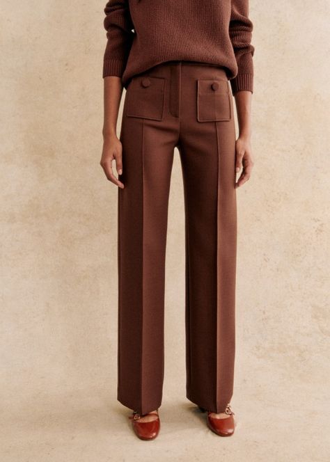 Sezane Dan Trousers, Warm Brown Outfit, Camel Trousers Outfit Work, Brown Trousers Women, Caramel Pants Outfit, Sezane Outfits, Caramel Outfit, Sezane Pants, Work Outfits Frauen