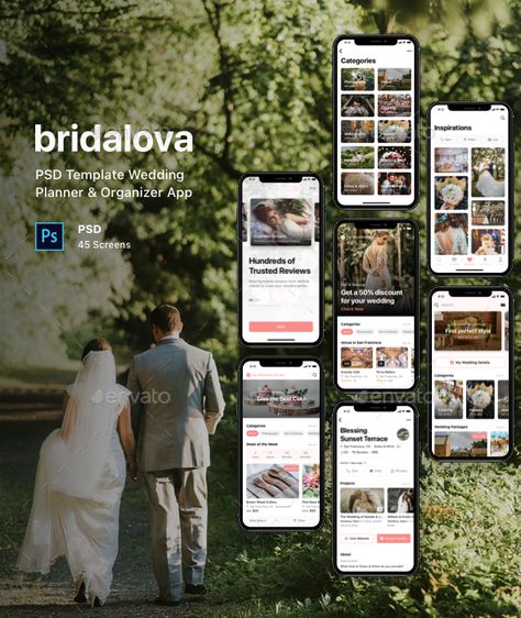 Bridalova - PSD Template Wedding Planner & Organizer App App Advertisement, Wedding Organizer Planner, Organizer Planner, Social Media Games, Template Wedding, Couple Wedding, Wedding Couple, Psd Templates, Wedding Couples