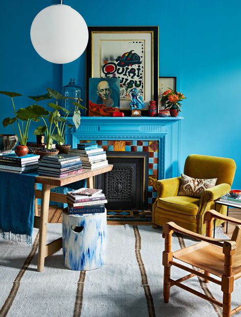 Eclectic Living Room With Fireplace, Eclectic Mantel Decorating Ideas, Mantel Art Ideas, Mantel Decorating Ideas Maximalist, Blue Mantle Decor, Art On Fireplace Mantle, Layering Art On Mantle, Contemporary Mantel Decor, Fireplace Mantle Art