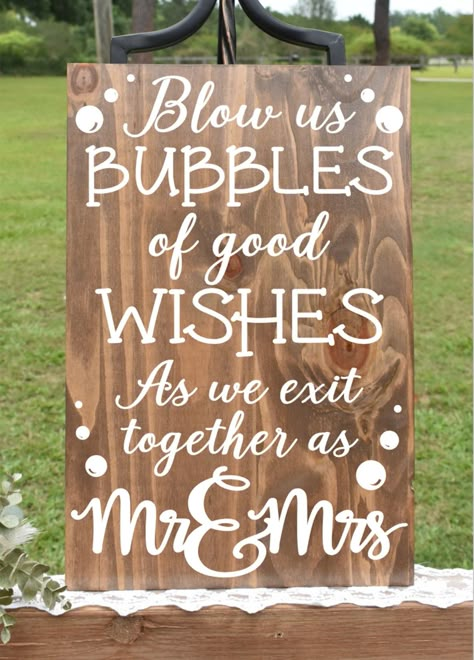 Blow us bubbles of wishes for the new Mr & Mrs! Having a bubble send off at the end of your ceremony or reception? Set up a small table, display this sign, add a basket with some bubbles and you are all finished! Your guests will know exactly what the bubbles are for without you having to say a word! Cute Wedding Touches, Leaving The Wedding Ideas, Fall Weddings Rustic, Simple Wedding Ideas On A Budget, Cheap Small Wedding Ideas, Backdrop Frame Diy, Diy Wedding Ideas On A Budget, Send Off Ideas For Wedding, Bubble Send Off Wedding