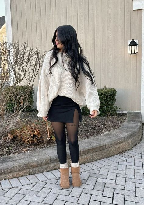 Black Skirt Uggs Outfit, Fall Outfit Skirt And Sweater, Skirt Outfit Uggs, Black Tights Fall Outfit, Autumn Outfits With Uggs, Black Sweater And Skirt Outfit, Fall Outfit With Tights, Autumn Outfit Inspo 2024, Cozy Casual Fall Outfits