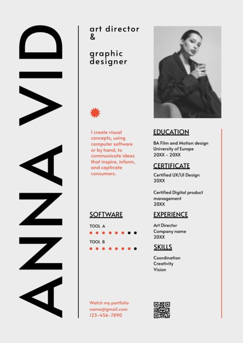 Interesting Resume Design, Photographer Resume Design, Resume Template Graphic Design, Unique Cv Design, Art Director Resume Design, Creative Resumes For Designers, Graphic Design Resume Examples, Fun Resume Design, Artist Cv Design