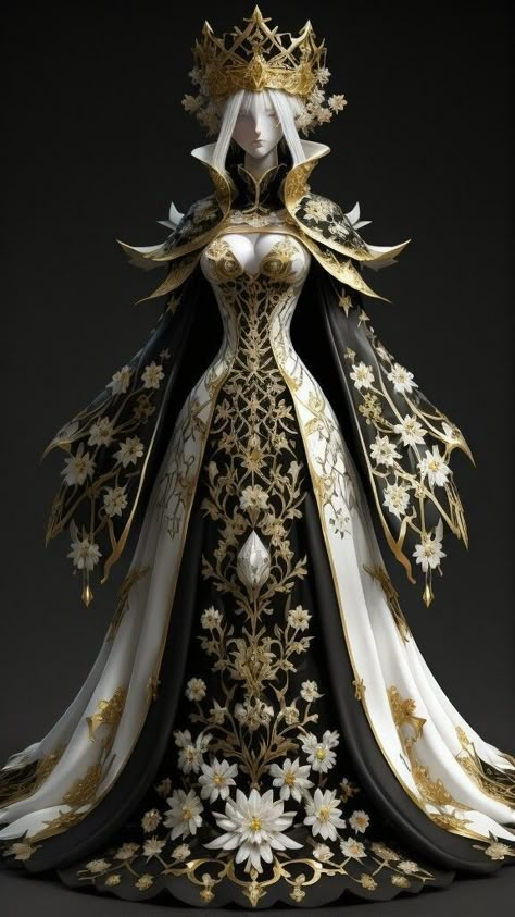 Queen Outfits Royal Dress, Black And Gold Fantasy Dress, Black Fantasy Dress Queens, Queen Gowns Royal, Royal Gowns Queens, Fantasy Gowns Queens Fairytale, Unreal Dresses, Gold Character Design, Royal Dresses Queens Gowns