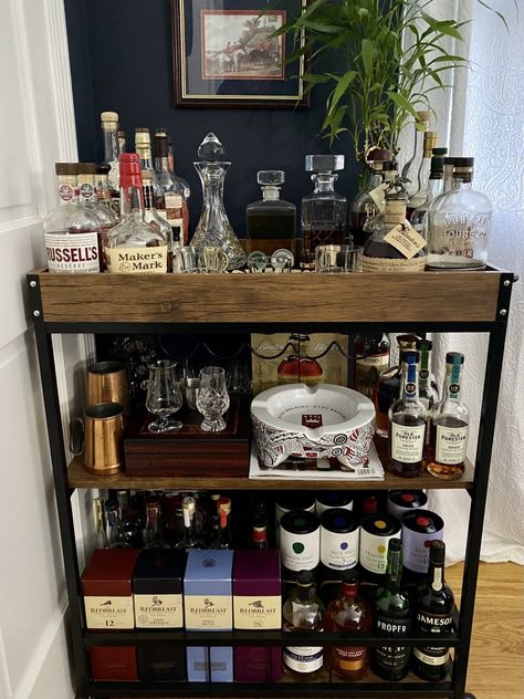 Bar Cart Whiskey, Liquor Decanters On Caddy Cabinet, Whiskey Decanter Display Bar, Gothic Bar Cart, Industrial Liquor Cabinet Kitchen & Bar Carts, Bar Cart Styling, House Vibes, Cigars And Whiskey, Cocktail Bar