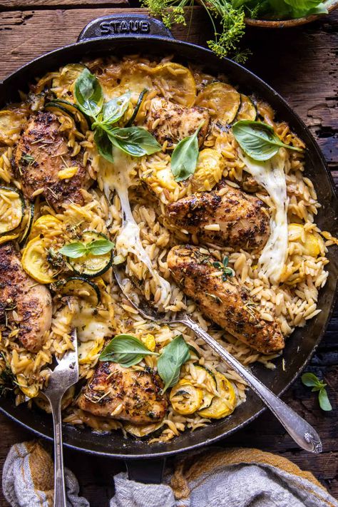 Skillet Garlic Butter Chicken and Zucchini Orzo | halfbakedhavrvest.com Half Baked Chicken Orzo, Half Baked Harvest Chicken Zucchini, Half Baked Harvest Weeknight, Half Baked Harvest Chicken, Zucchini Orzo, Harvest Garlic, Chicken And Zucchini, Orzo Recipe, Half Baked Harvest Recipes